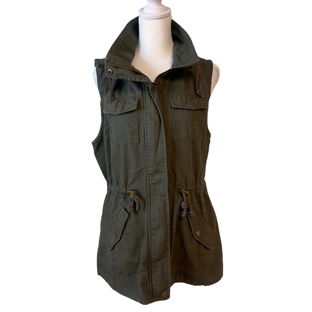 Sebby Army Green Utility Cargo Vest Size Medium Zip Up W/ Drawstring Waist